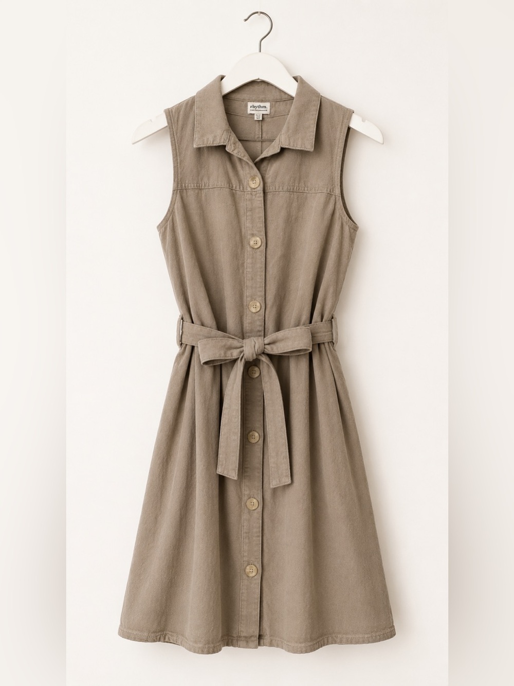 Rhythm Sleeveless Shirt Dress Taupe Linen Blend Button Front Belted Size S